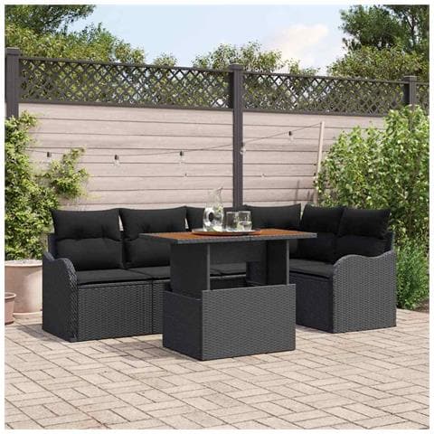 Set Divano da Giardino 6 Pezzi con Cuscini in Rattan Nero, Divano da Giardino 2 Posti con Ripostiglio e Cuscini in Rattan Nero - Foto 2
