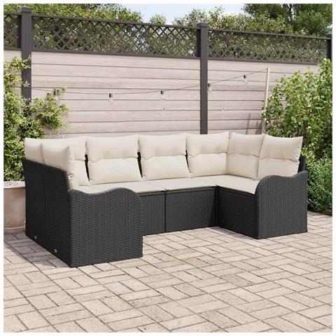 Set divano da giardino 6 pezzi con cuscini in rattan poliestere nero,  Divano da giardino a 2 posti con cuscini in rattan poliestere nero - Foto 2