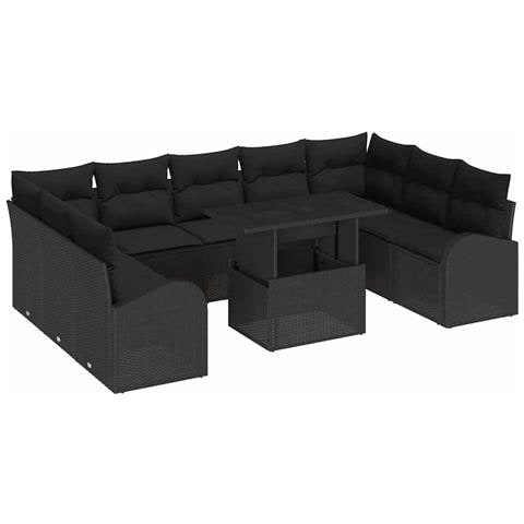 Set Divano da Giardino Negro in Rattan Polietilene da 10 Pezzi con Cuscini, Divano da Giardino a 2 Posti con Ripostiglio e Cuscini Nero in Rattan Polietilene - Foto 1