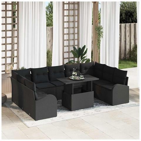 Set Divano da Giardino Negro in Rattan Polietilene da 10 Pezzi con Cuscini, Divano da Giardino a 2 Posti con Ripostiglio e Cuscini Nero in Rattan Polietilene - Foto 2