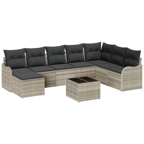 Set divano giardino  9 pezzi con cuscini grigio polirattan, Divano giardino  2 posti con cuscini grigio chiaro polirattan - Foto 1