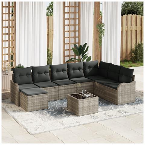 Set divano giardino  9 pezzi con cuscini grigio polirattan, Divano giardino  2 posti con cuscini grigio chiaro polirattan - Foto 2