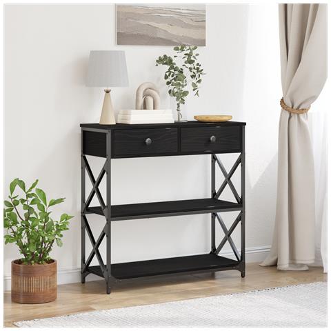 Tavolino Nero Rovere 75x28x75 cm Legno Ingegnerizzato e Acciaio - Foto 2