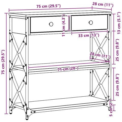 Tavolino Nero Rovere 75x28x75 cm Legno Ingegnerizzato e Acciaio - Foto 7