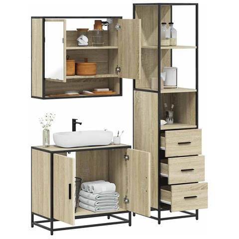 Set Mobili da Bagno 3 pz Rovere Sonoma in Legno Multistrato - Foto 2