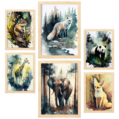 Set Di 6 Stampe Illustrazioni Di Animali Di Foreste E Savane In Paesaggi Naturali, In Stile Acquerello Realistico A3 & A4 Telaio In Legno Chiaro - Foto 1