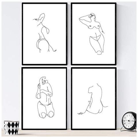 Set Di 4 Stampe Lamini Di Disegni E Schizzi A Una Linea Donna Nuda Poster Nordico Dei Volti Nudi Corpi Al Naturale Tavolo Cornice Nera A4 - Foto 1
