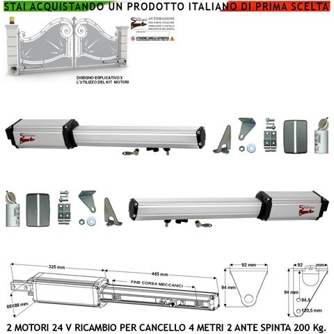 Attuatori 24 Vcc Motori Elettromeccanici Corsa 300 Mm Spinta 2 Q.li Ricambio Cancello Automatico 4 Metri 2 Ante Comple - Foto 1