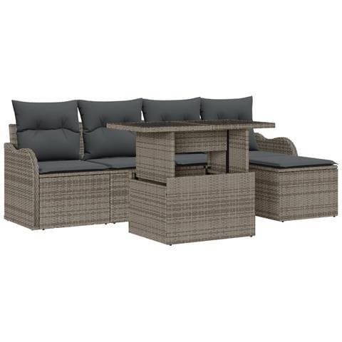 set da giardino  6 pezzi con cuscini grigio in rattan sintetico, divano da giardino  2 posti con cuscini grigio in rattan sintetico - Foto 1