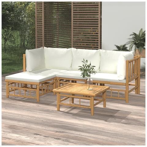 Set Salotto da Giardino 5pz con Cuscini Bianco Crema in Bambù - Foto 2