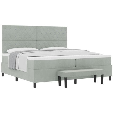 Letto Box Spring con Materasso e Panchetta Grigio Chiaro 200x200 cm in Velluto - Foto 1