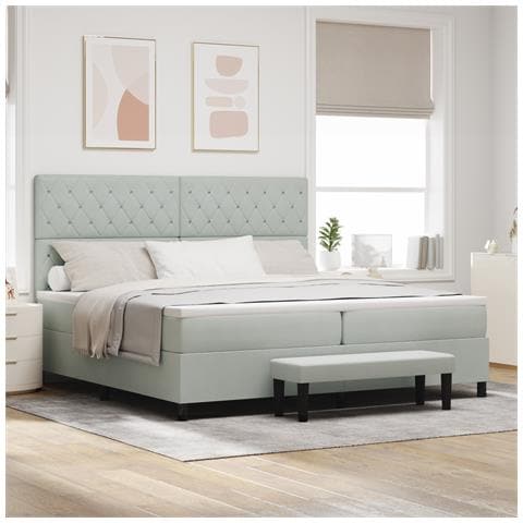 Letto Box Spring con Materasso e Panchetta Grigio Chiaro 200x200 cm in Velluto - Foto 2