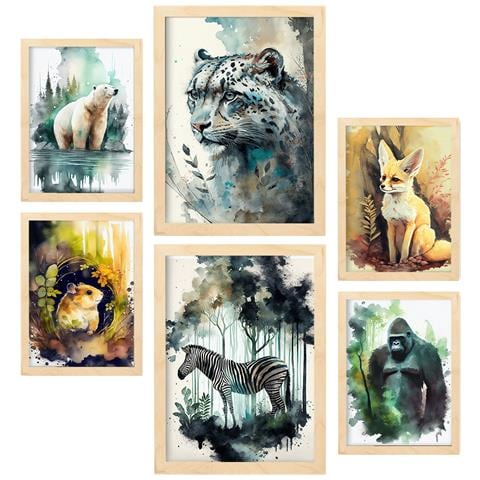 Set Di 6 Stampe Illustrazioni Di Animali In Paesaggi Naturali Del Nord E Del Sud, In Stile Acquerello Realistico A3 & A4 Telaio In Legno Chiaro - Foto 1
