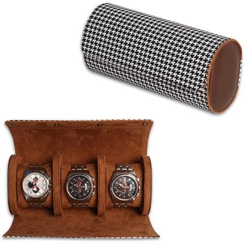 Custodia Da Viaggio Per 3 Orologi In Pelle Pu Pied-de-poule - Scatola Portatile Per Orologi - Foto 1