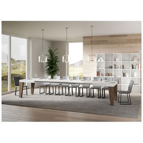 Tavolo Allungabile 90x130/390 Cm Naxy Mix Piano Bianco Frassino - Gambe Noce - Bianco Frassino /noce - Foto 6