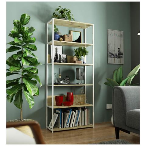 Scaffale stile loft con ripiani in legno, 6 ripiani, 80x32x192 cm, Colore Bianco e Quarcia Artisan - Foto 5