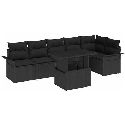 Set di Divani da Giardino da 7 Pezzi con Cuscini Neri in Polyrattan - Foto 1