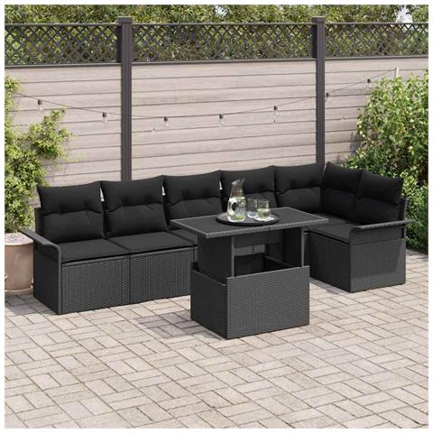 Set di Divani da Giardino da 7 Pezzi con Cuscini Neri in Polyrattan - Foto 2