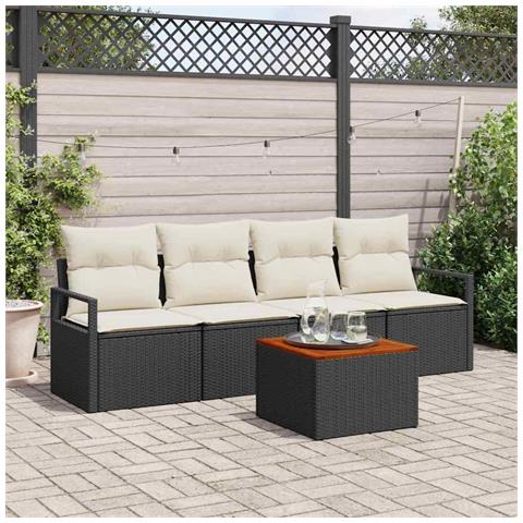 Set Divano da Giardino a 5 Pezzi con Cuscini Nero Polyrattan Acacia, Divano da Giardino a 2 Posti con Cuscini Nero Polyrattan - Foto 2