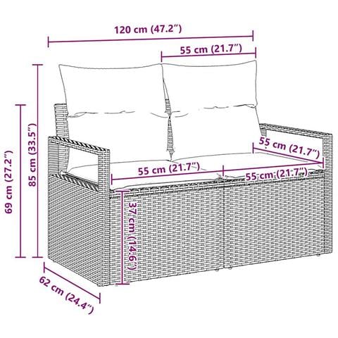 Set Divano da Giardino a 5 Pezzi con Cuscini Nero Polyrattan Acacia, Divano da Giardino a 2 Posti con Cuscini Nero Polyrattan - Foto 9