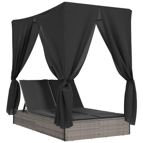 Lettino Prendisole Doppio Tetto e Tende Grigio in Polyrattan - Foto 1