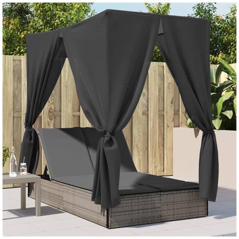 Lettino Prendisole Doppio Tetto e Tende Grigio in Polyrattan - Foto 2