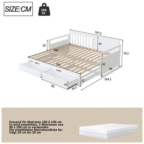 Letto Da Giorno Multifunzionale Due In Uno 90/180x190cm, Letto In Pino Con Cassetti E Letto A Scomparsa, Bianco, Senza Materasso - Foto 2