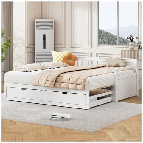Letto Da Giorno Multifunzionale Due In Uno 90/180x190cm, Letto In Pino Con Cassetti E Letto A Scomparsa, Bianco, Senza Materasso - Foto 4