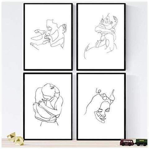 Set Di 4 Stampe Lamini Di Disegni E Schizzi A Una Linea Coppie Innamorati Poster Nordico Dei Volti Nudi Corpi Al Naturale Tavolo Cornice Nera A4 - Foto 1