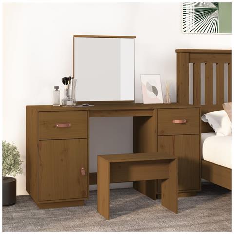 Set Toeletta Con Specchio Marrone Miele Legno Massello Di Pino - Foto 6