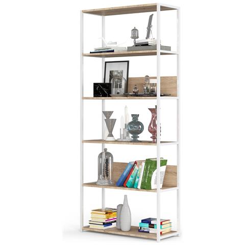Scaffale stile loft con ripiani in legno, 6 ripiani, 80x32x192 cm, Colore Bianco e Sonoma Quercia - Foto 2