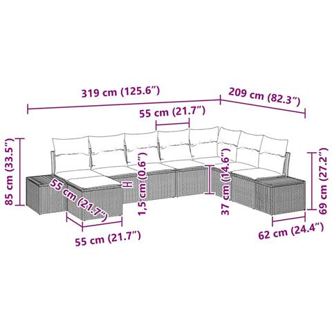 Set da giardino di 8 pezzi con cuscini in polyrattan nero - Foto 9