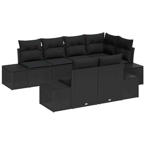 Set di divani da giardino da 7 pezzi con cuscini neri in polyrattan - Foto 1