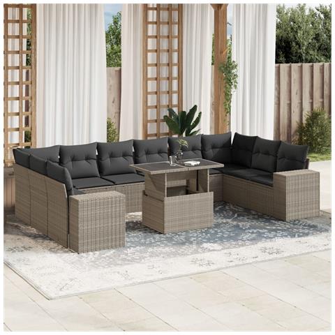 Set Divani da Giardino 11 pz con Cuscini in Polyrattan Grigio - Foto 2