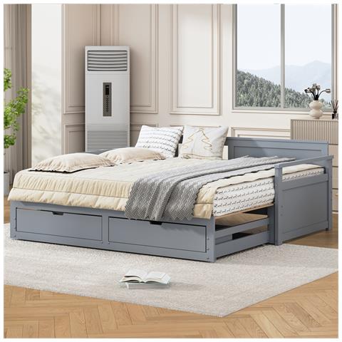 Letto Da Giorno Multifunzionale Due In Uno 90 (180)x190cm, Letto In Pino Con Cassetti E Letto A Scomparsa, Grigio, Senza Materasso - Foto 2