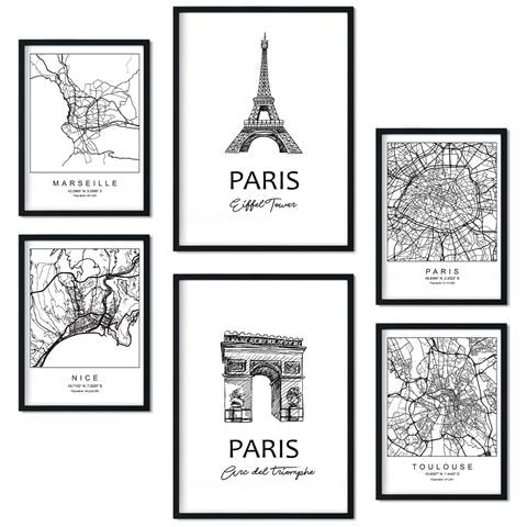Set Di 6 Stampe Stampe Di Mappe E Monumenti Della Francia In Bianco E Nero Per L'arredamento Della Tua Casa, Ufficio, Azienda A3 & A4 Senza Cornice - Foto 1