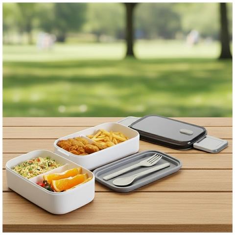 Contenitore Per Alimenti A Doppio Scomparto A 2 Livelli Con Coperchio Ermetico, Bianco / Grigio - Foto 5