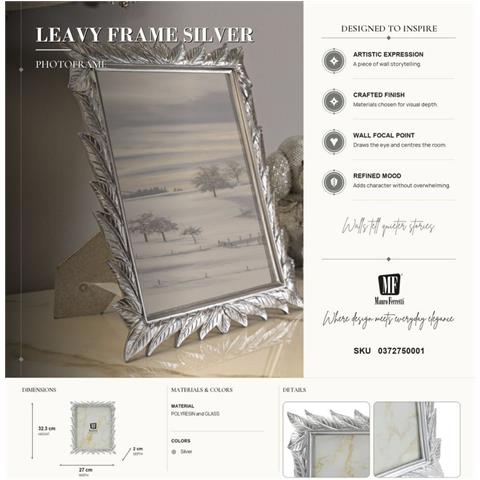 Cornice Portafoto Leavy Silver In Resina Argento Con Foglie 20x25 - Foto 7