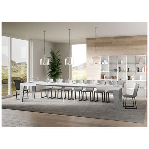 Tavolo Allungabile 90x130/390 Cm Naxy Mix Piano Bianco Frassino - Gambe Noce - Bianco Frassino /cemento - Foto 6