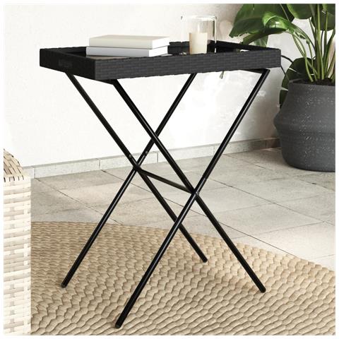 Tavolino Vassoio Pieghevole Nero 65x40x75 Cm In Polyrattan - Foto 1