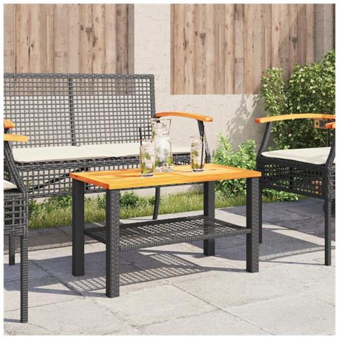 Tavolo Da Giardino Nero 70x38x42cm In Polyrattan E Legno Acacia - Foto 3