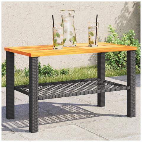 Tavolo Da Giardino Nero 70x38x42cm In Polyrattan E Legno Acacia - Foto 1