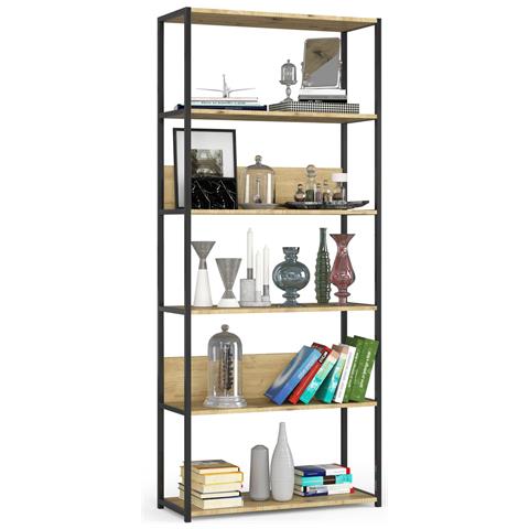 Scaffale stile loft con ripiani in legno, 6 ripiani, 80x32x192 cm, Colore Nero e Quarcia Artisan - Foto 1