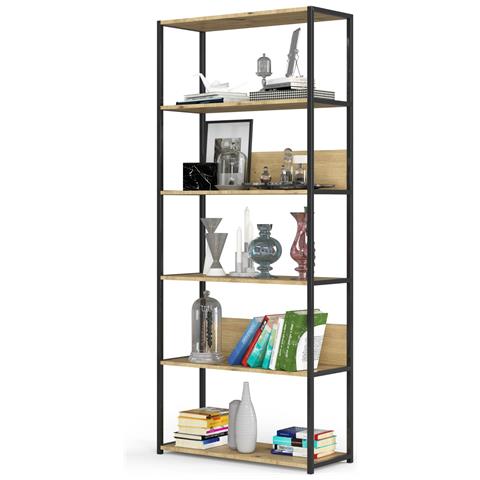 Scaffale stile loft con ripiani in legno, 6 ripiani, 80x32x192 cm, Colore Nero e Quarcia Artisan - Foto 2