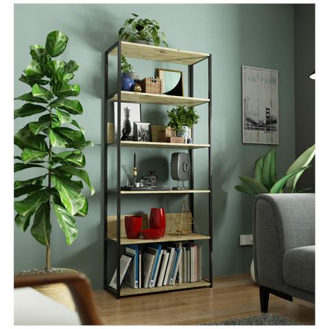 Scaffale stile loft con ripiani in legno, 6 ripiani, 80x32x192 cm, Colore Nero e Quarcia Artisan - Foto 5