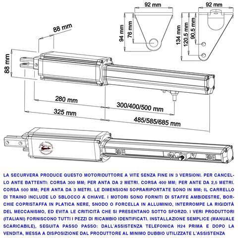 Pistoni Elettromeccanici 24 Vcc Ricambio Cancello Automatico 6 Metri 2 Ante 3,0 Mt 2 Motoriduttori Corsa 500 Mm Spinta - Foto 2