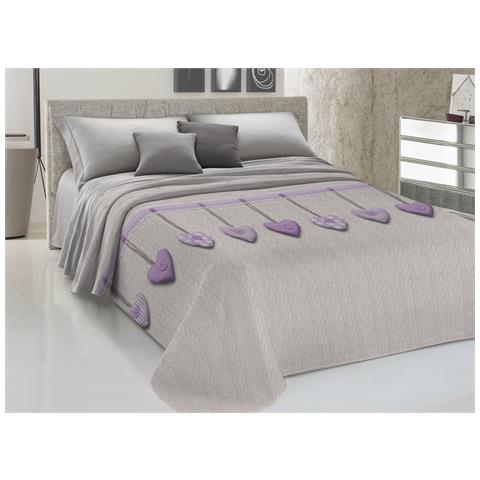 Copriletto Piquet Primavera Estate 100% Cotone Disegno Cuore Appeso Matrimoniale Lilla - Foto 1