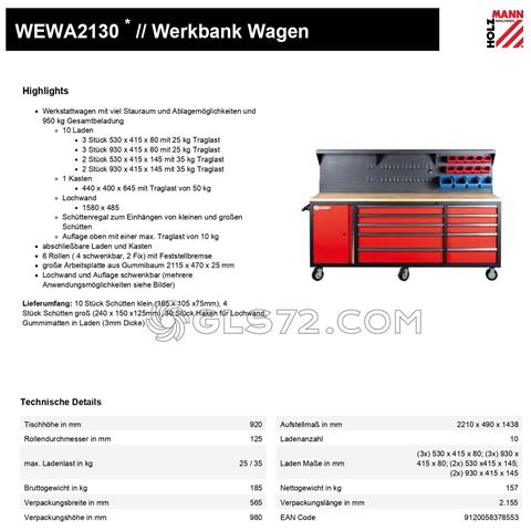 Banco Da Lavoro Con Ruote 10 Cassetti Holzmann Wewa2130 - Foto 2