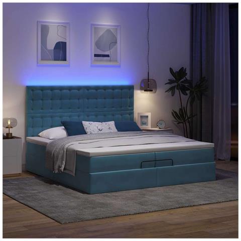 Pouf Letto Con Materassi E Led Blu Scuro 200x200cm Velluto - Foto 3