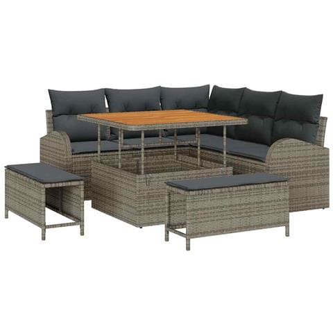 Set di Sofà da Giardino 8 Pezzi con Cuscini Grigio Rattan Polietilene Acacia,  Sofà da Giardino per 2 Persone con Cuscini Grigio Rattan Polietilene,  Set da Pranzo da Giardino 3 Pezzi con Cuscini Grigio Rattan Polietilene Acacia - Foto 1